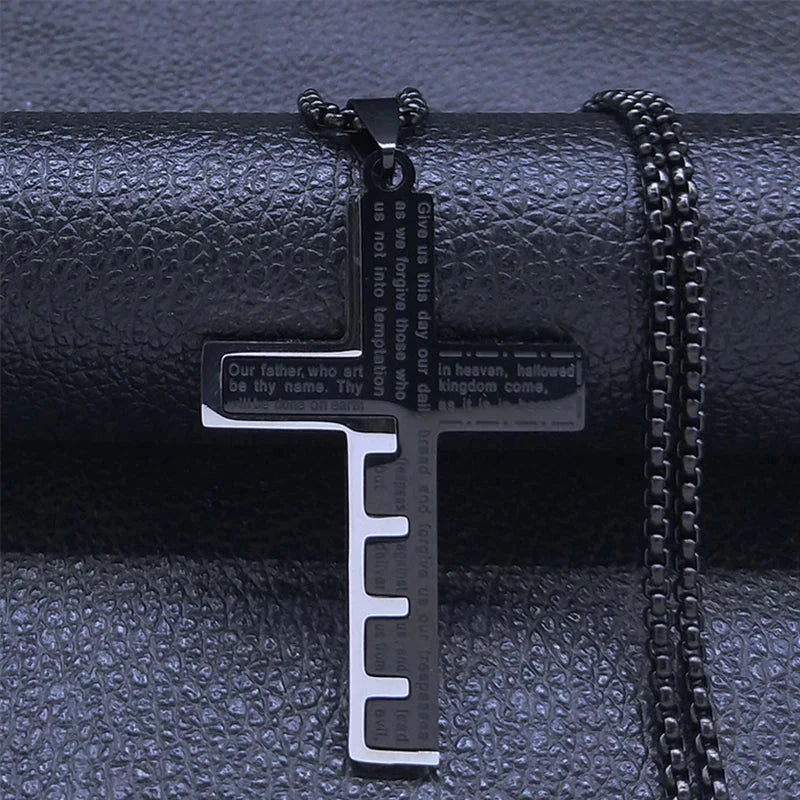 Collar y Medallón Cruz Colgante Hombre Cristiano negro