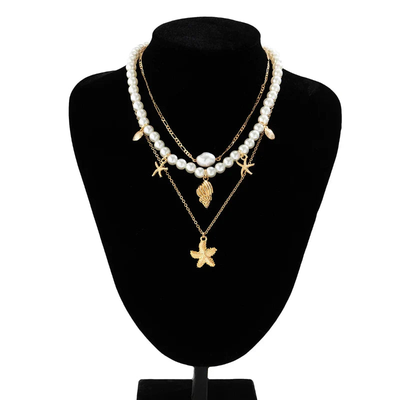 Collar Multicapa con Colgantes de Conchas y Estrellas de Mar