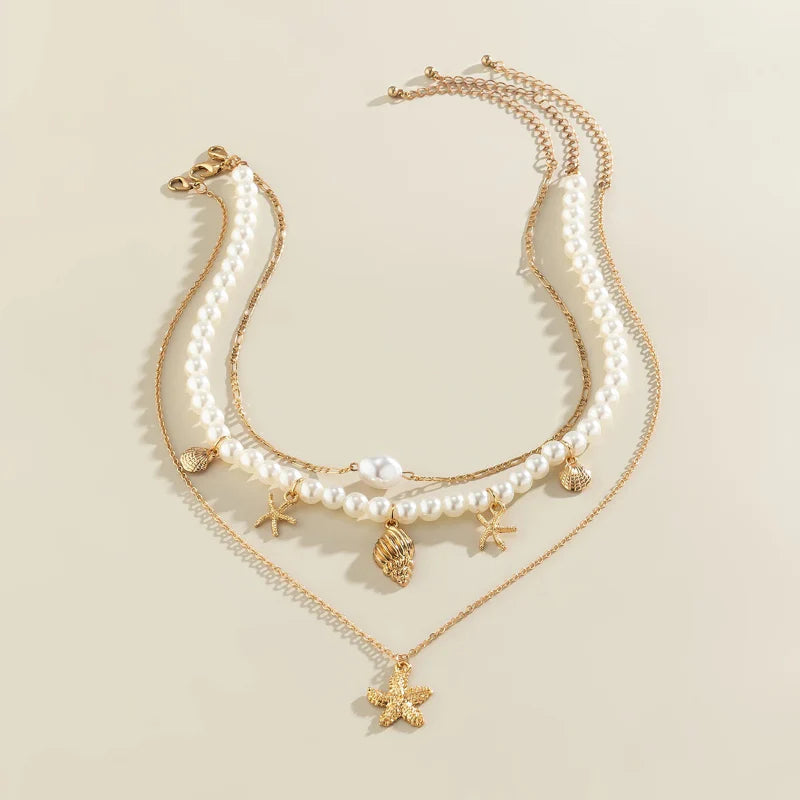 Collar Multicapa con Colgantes de Conchas y Estrellas de Mar