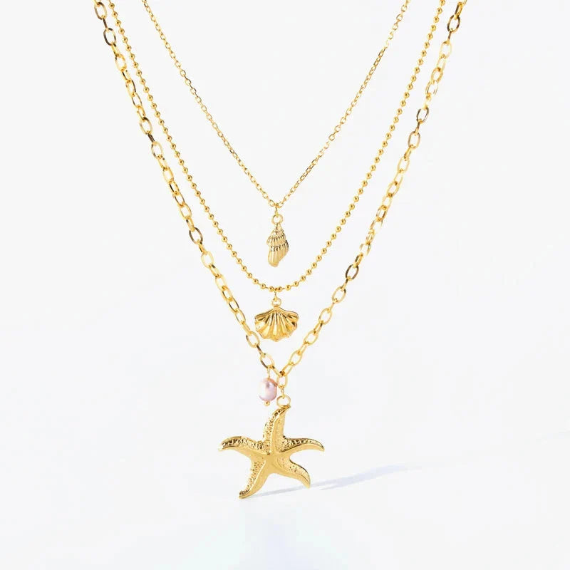 Collar Multicapa Colgante Concha Estrella de Mar Caracola Vieira