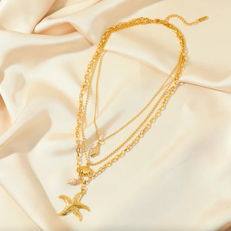 Collar Multicapa Colgante Concha Estrella de Mar Caracola Vieira