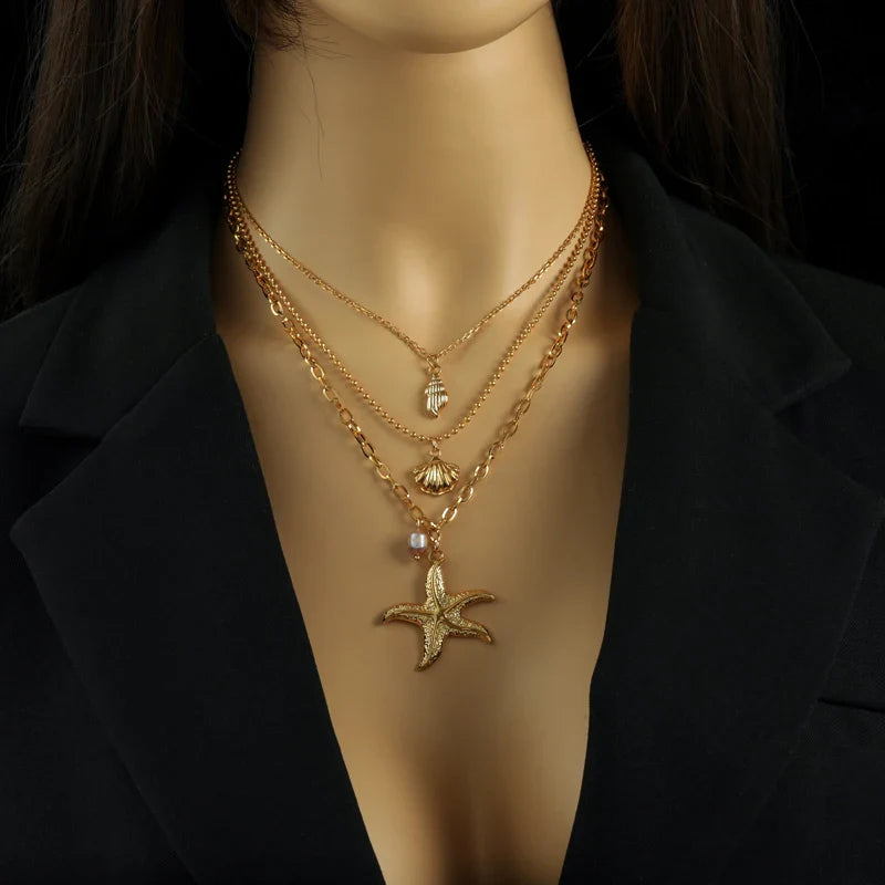 Collar Multicapa Colgante Concha Estrella de Mar Caracola Vieira
