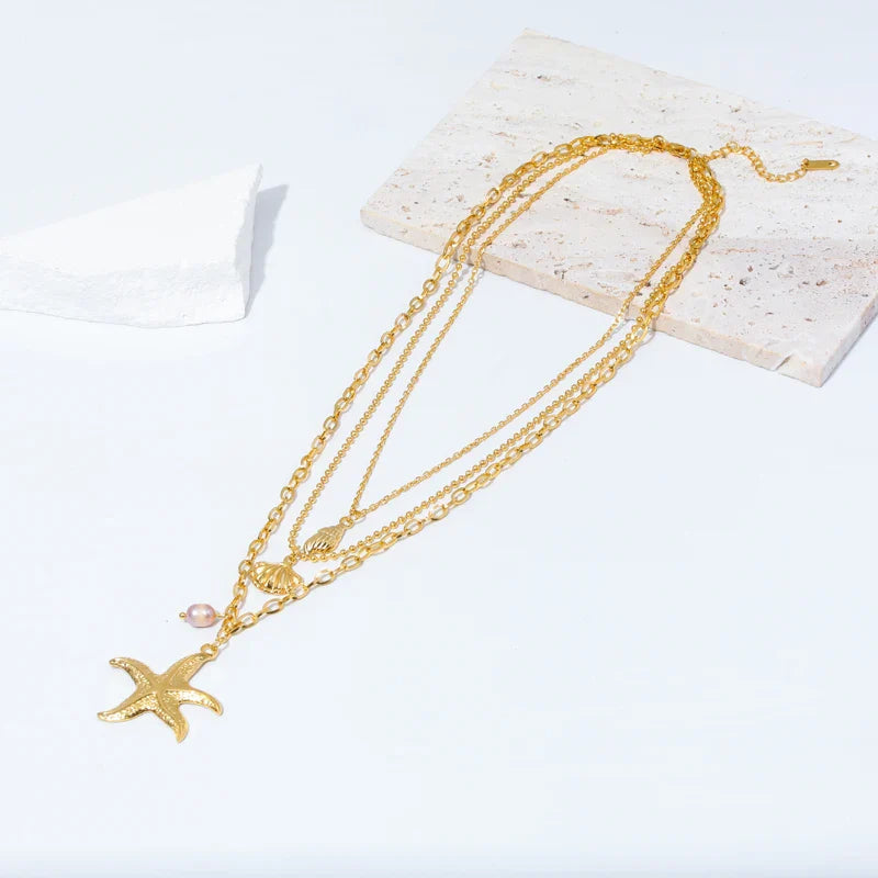 Collar Multicapa Colgante Concha Estrella de Mar Caracola Vieira