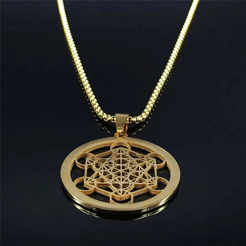 Collar Colgante Cubo de Metatrón con Cristal dorado