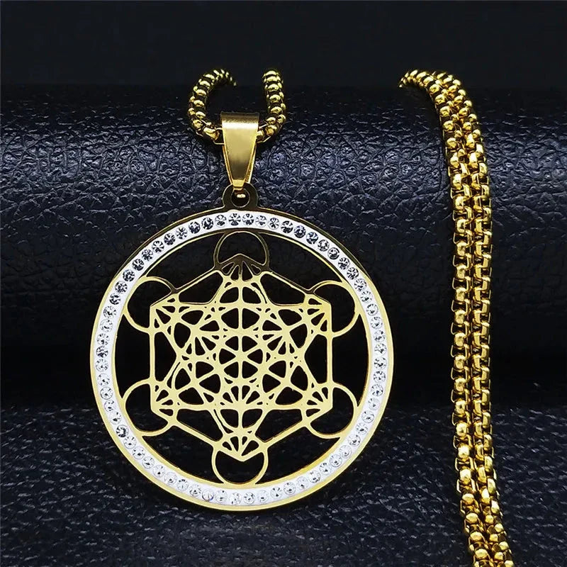 Collar Colgante Cubo de Metatrón con Cristal dorado