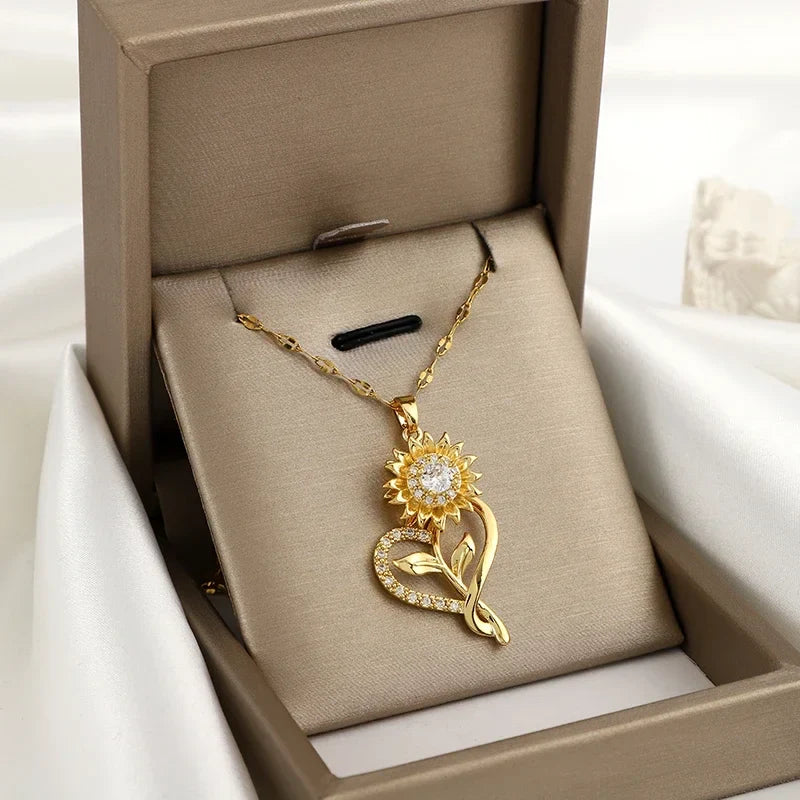 Collar con Colgante de Corazón y Flor de Girasol Giratoria Antiestrés