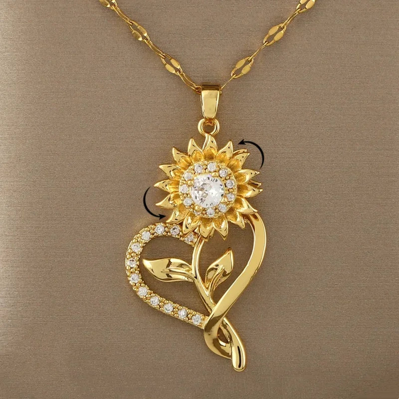 Collar con Colgante de Corazón y Flor de Girasol Giratoria Antiestrés