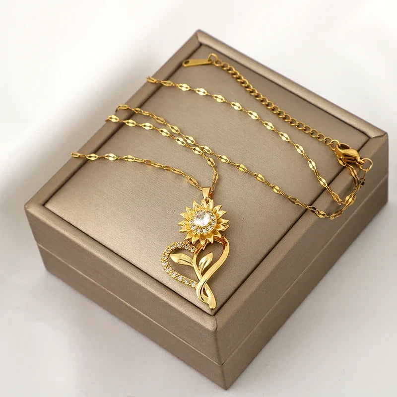 Collar con Colgante de Corazón y Flor de Girasol Giratoria Antiestrés