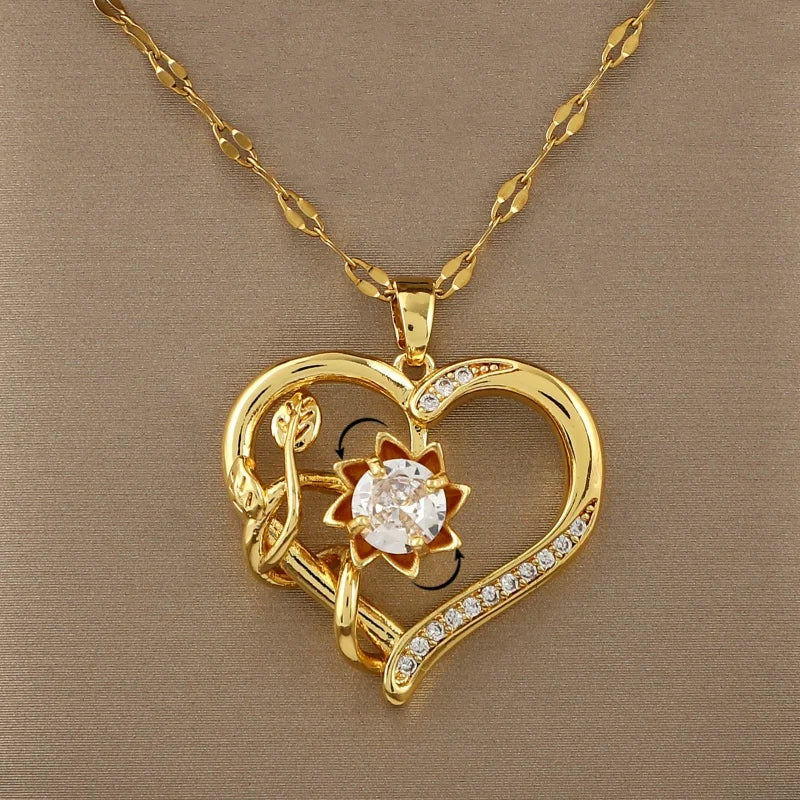 Collar Colgante con Corazón y Flor Giratoria Anti-Estrés