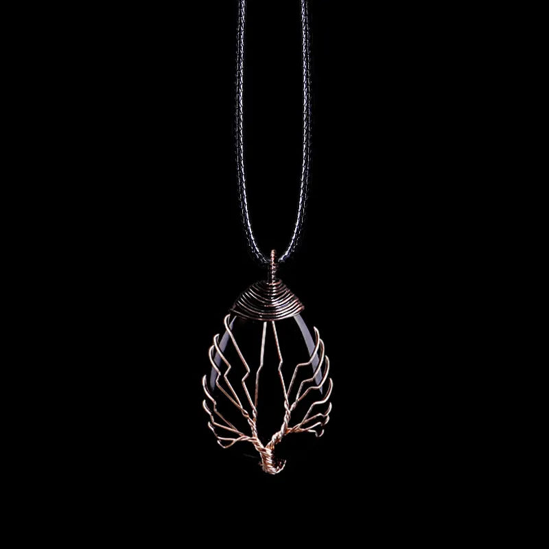 Collar Colgante Bola Piedra Natural Árbol de la Vida ágata negra