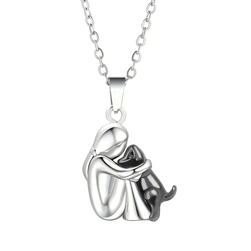 Collar Colgante Abrazo Perro y Dueño plata y negro