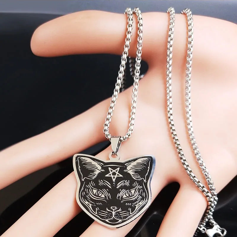Collar Colgante Gato Negro Pentáculo Brujería Wicca