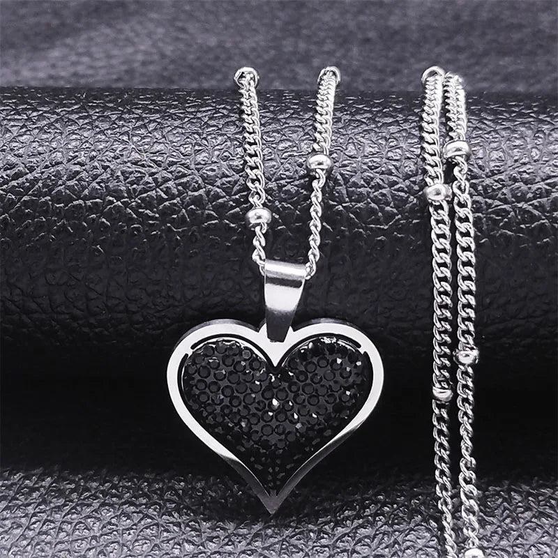 Collar Colgante Corazón & Circonitas plata y negro