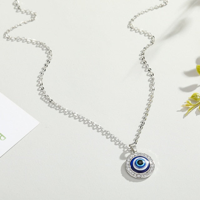 Collar Colgante Contra el Mal de Ojo Azul Griego Turco Matiasma Mataki plata