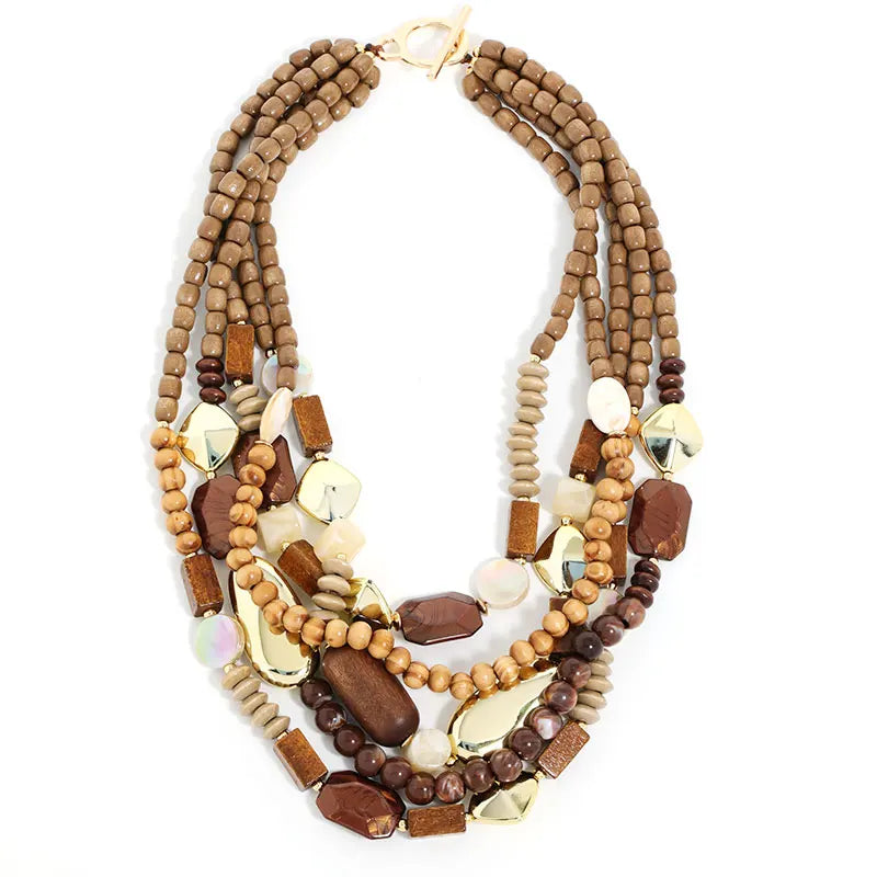 Collar Colgante de Perlas y Madera marrón