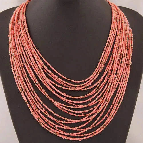 Collar Colgante Étnico Africano Multicapa rosa
