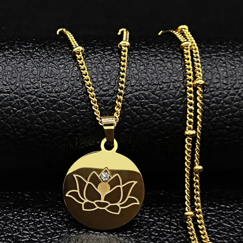 Collar Colgante Flor de Loto Cadena & Medallón oro