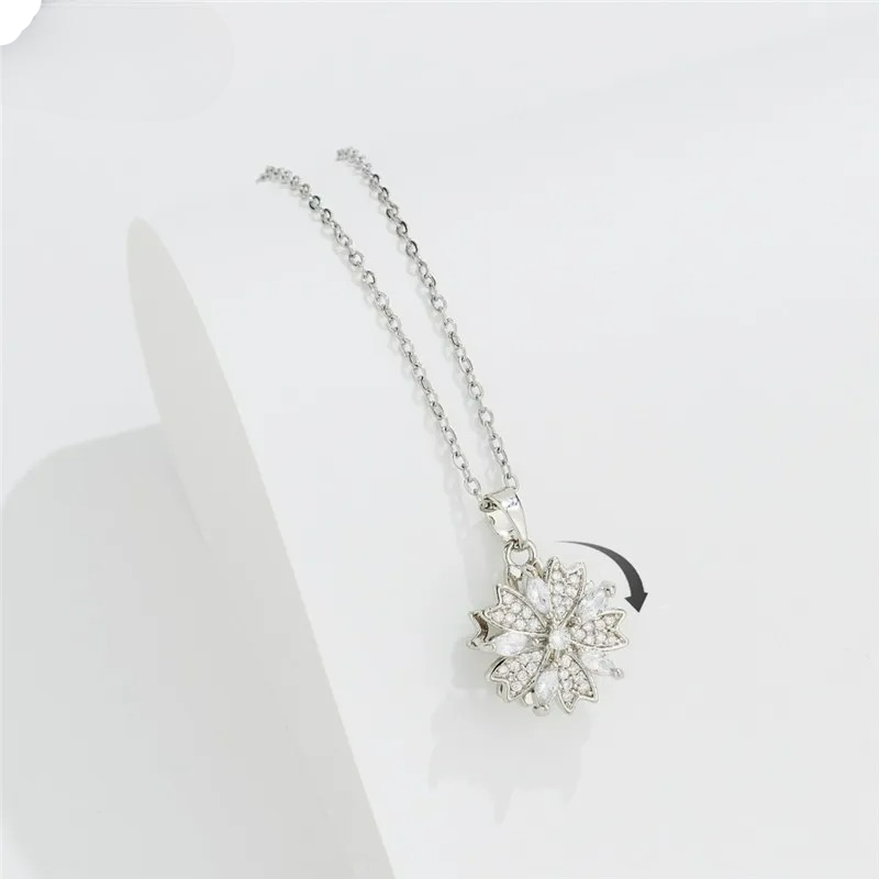 Collar Colgante Flor de Circón Giratoria Anti-Estrés plata