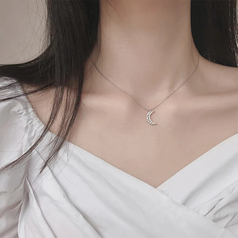 Collar Colgante Luna en Circonio para Mujer plata