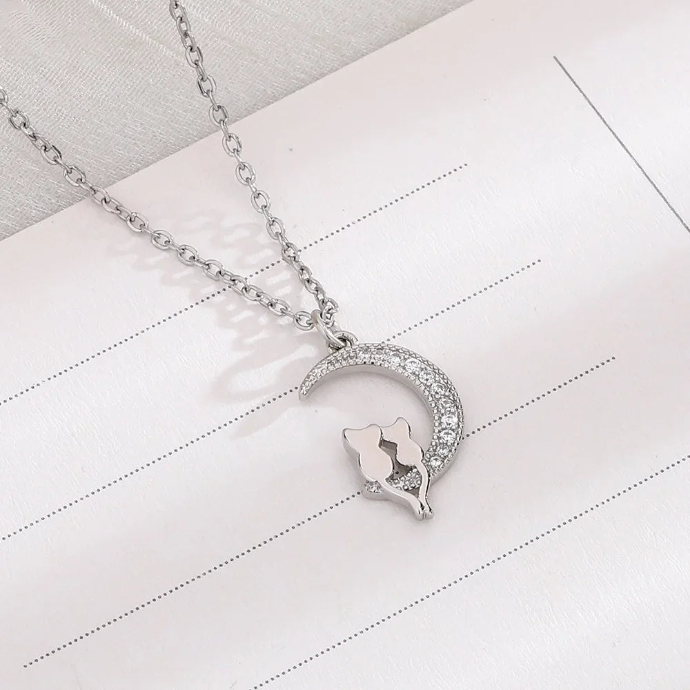Collar Colgante Luna y Gatos con Cristal