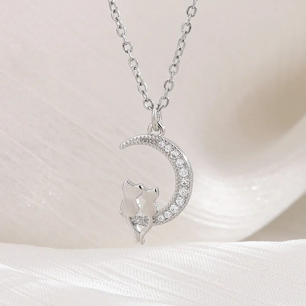 Collar Colgante Luna y Gatos con Cristal