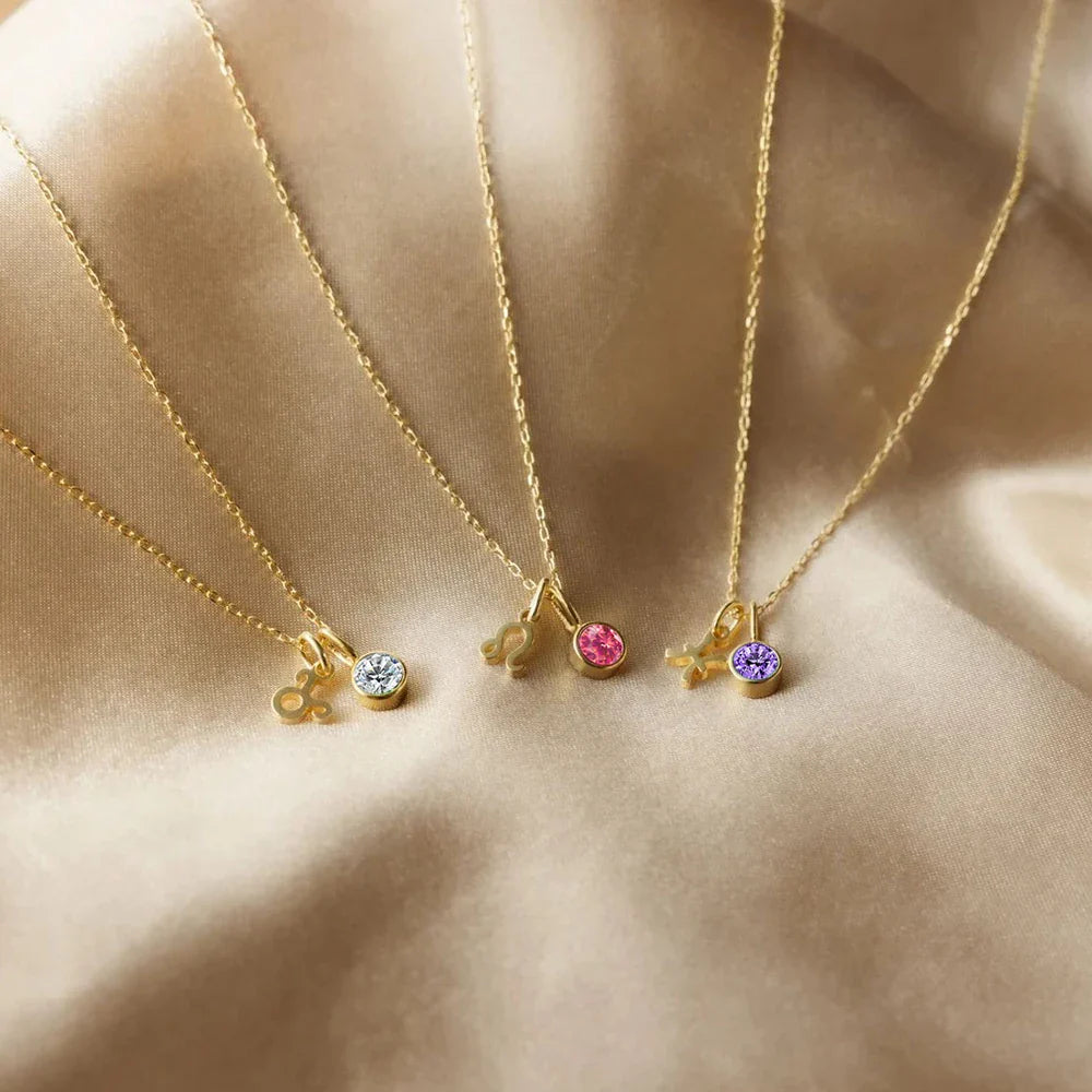 Collar Colgante Piedra de Nacimiento con Signo del Zodiaco Plata & Oro