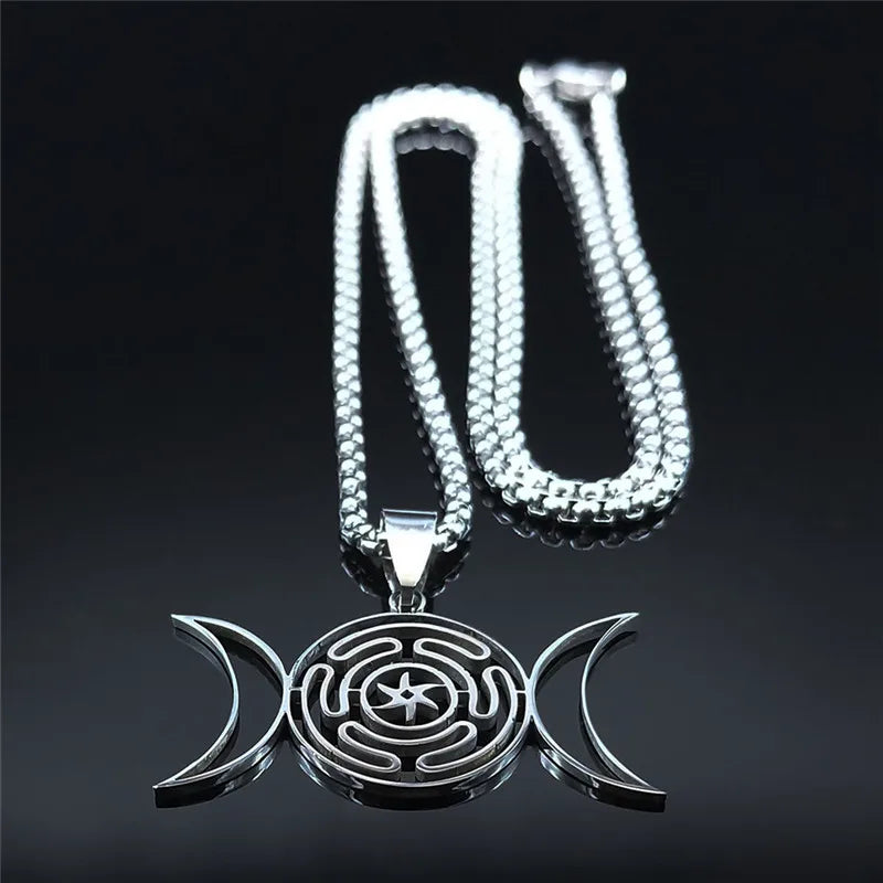 Collar Colgante Rueda de Hécate Hechicería Wicca Strophalos plata 50 cm