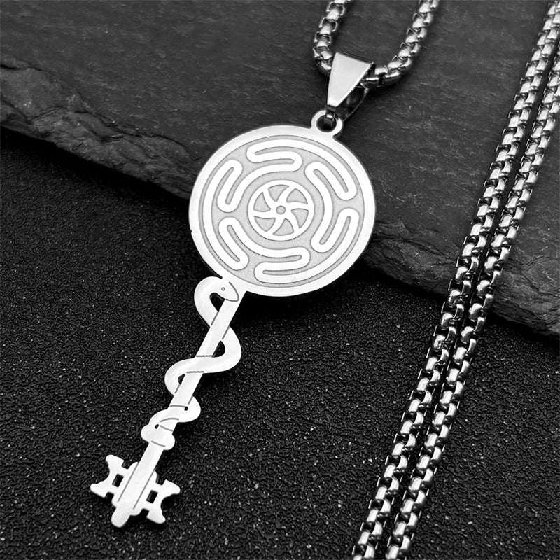 Collar Colgante Rueda de Hécate Strophalos Brujería Wicca plata 50 cm