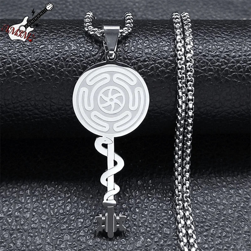 Collar Colgante Rueda de Hécate Strophalos Brujería Wicca plata 50 cm