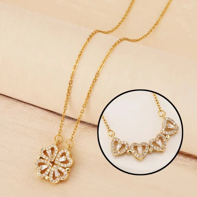 Collar Colgante Trébol Corazón con Caja de Regalo oro
