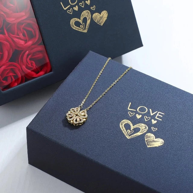 Collar Colgante Trébol Corazón con Caja de Regalo plata