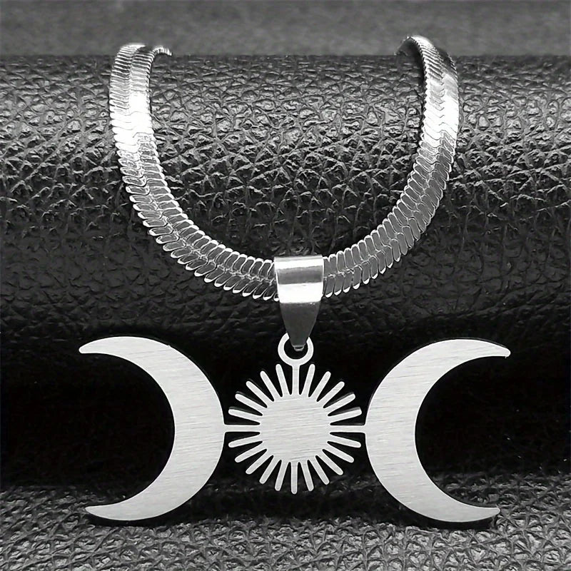 Collar Colgante Triple Luna Hechicería Wicca plata