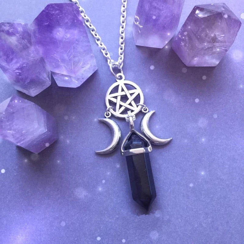 Collar Colgante Triple Luna Hechicería Wicca Mujer Pentáculo negro