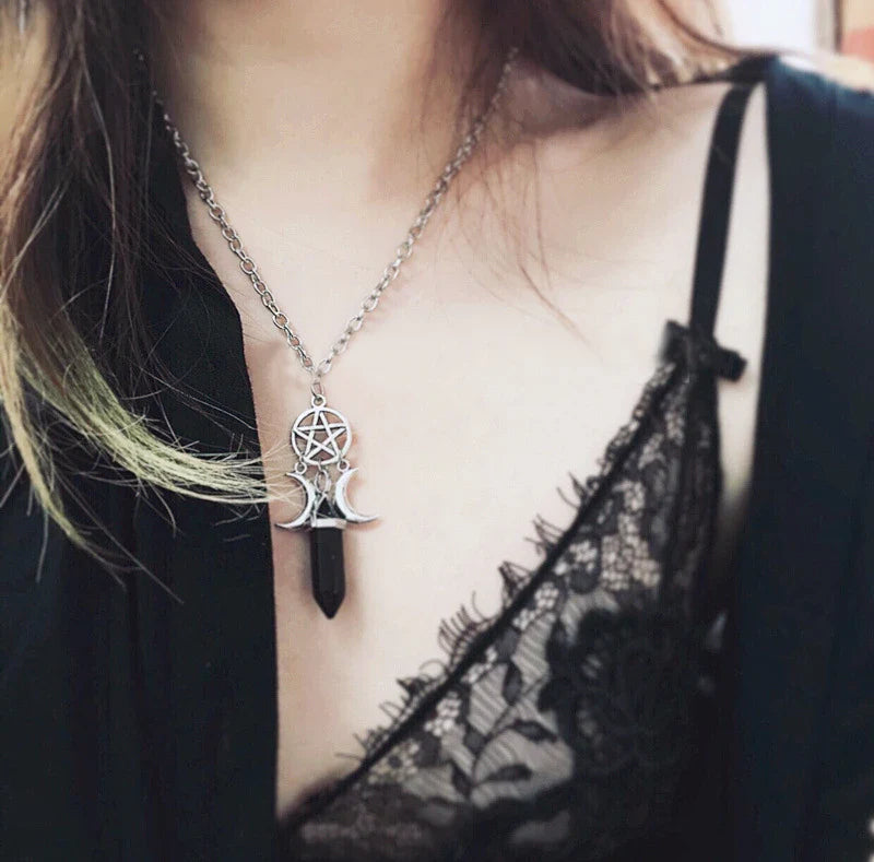Collar Colgante Triple Luna Hechicería Wicca Mujer Pentáculo negro