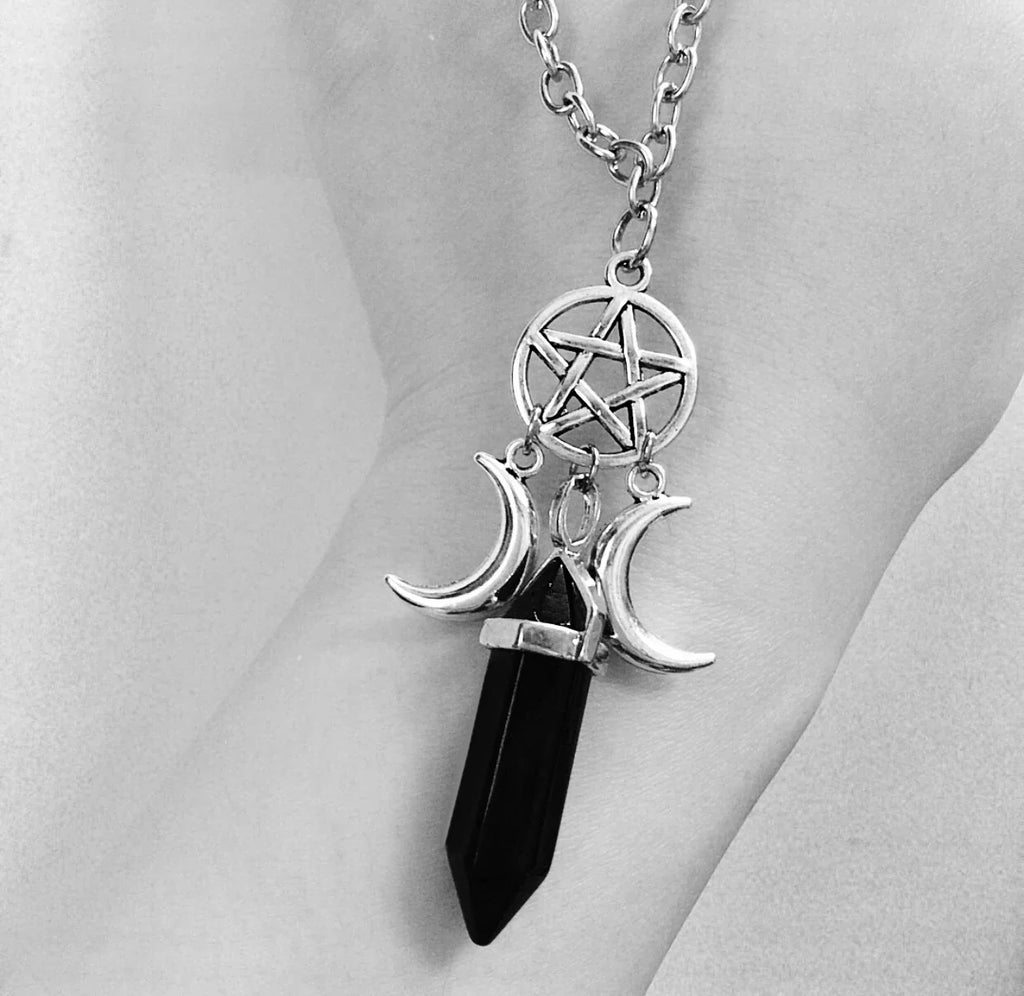 Collar Colgante Triple Luna Hechicería Wicca Mujer Pentáculo negro