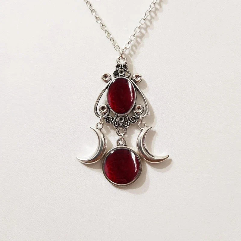 Collar Colgante Triple Luna Brujería Wicca Mujer rojo