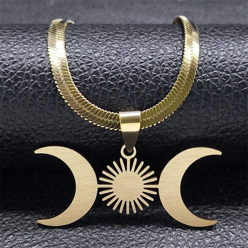 Collar Colgante Triple Luna Hechicería Wicca oro