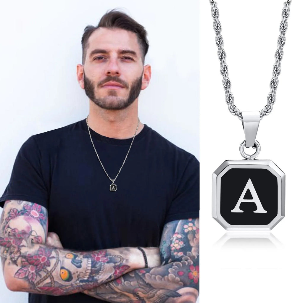 Collier pour homme avec pendentif hexagonale initiale - lettre