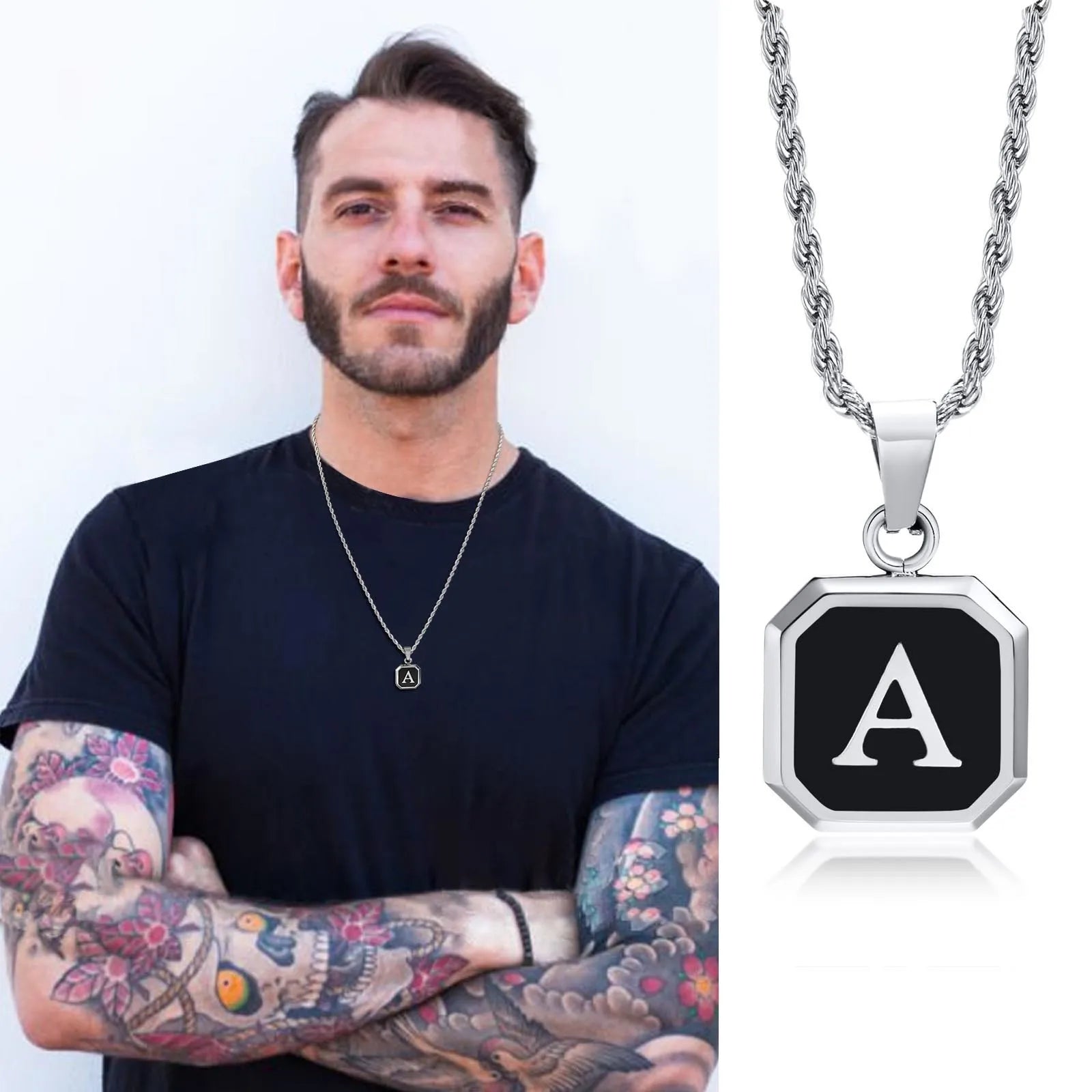 Collier pour homme avec pendentif hexagonale initiale - lettre