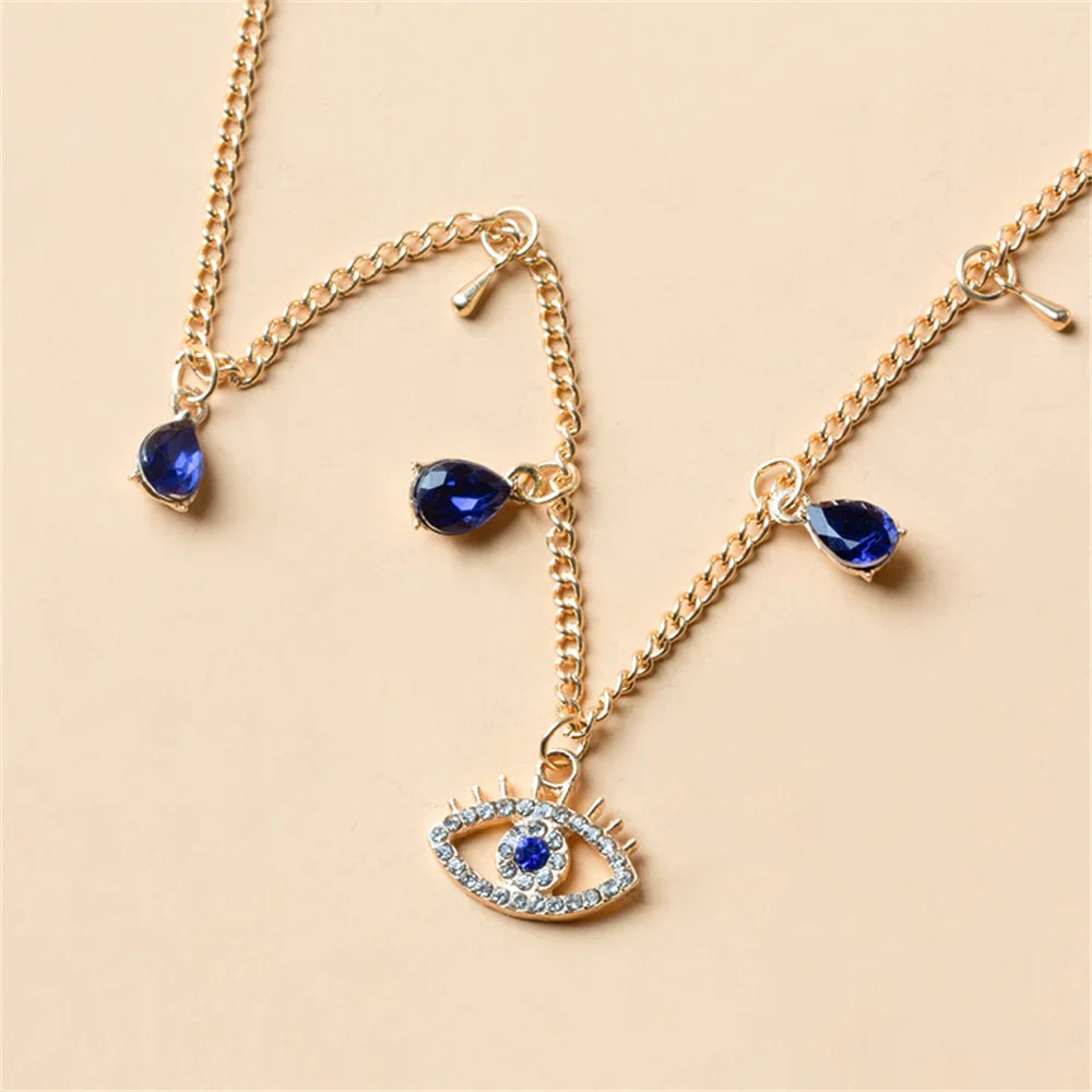 Collar Gargantilla con Colgante Ojo Turco Azul con Strass y Perlas dorado