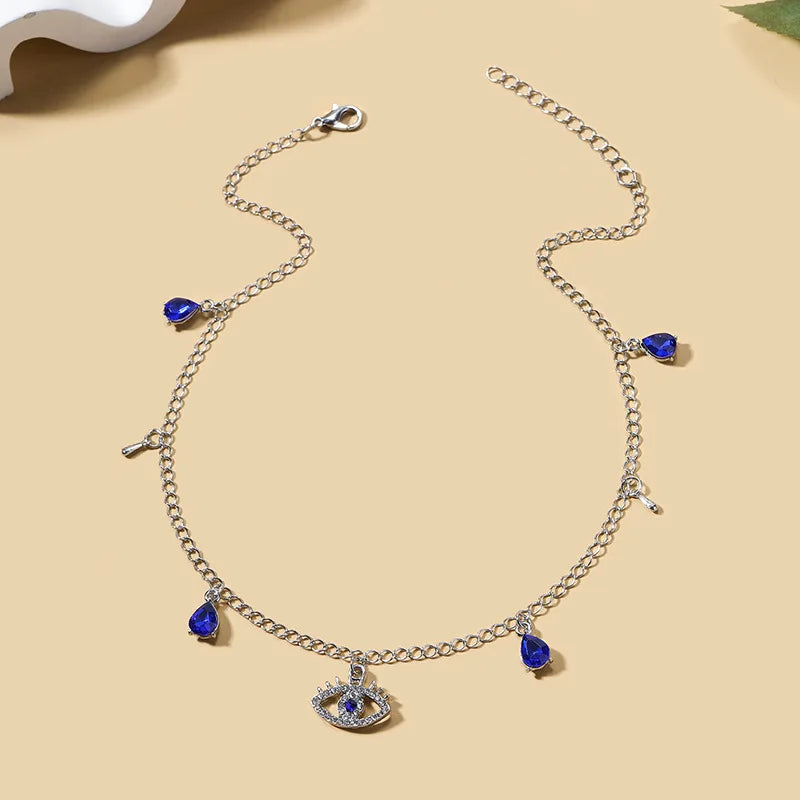 Collar Gargantilla con Colgante Ojo Turco Azul con Strass y Perlas plateado