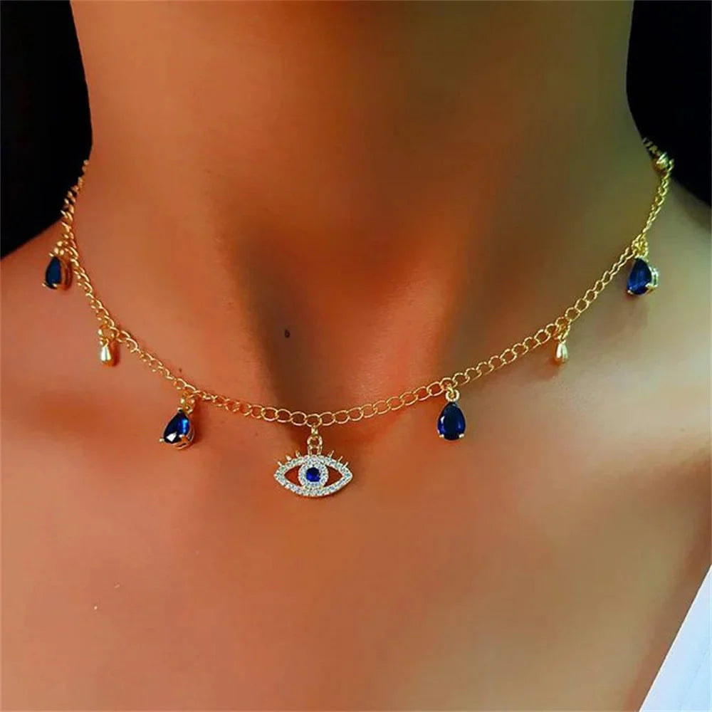 Collar Gargantilla con Colgante Ojo Turco Azul con Strass y Perlas dorado