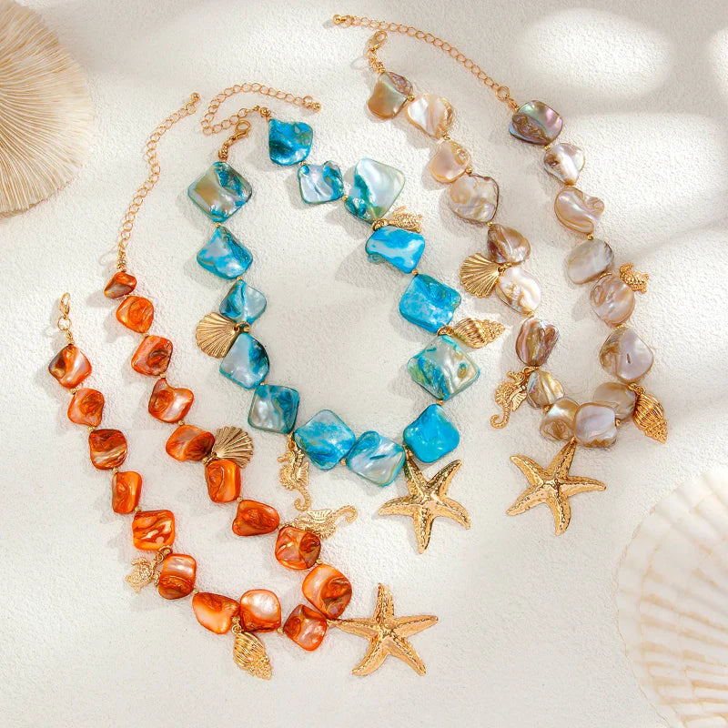 Collar Gargantilla con Colgantes de Conchas Estrella de Mar azul