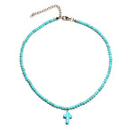 Collar Gargantilla Colgante Cruz Piedra Natural Mujer azul