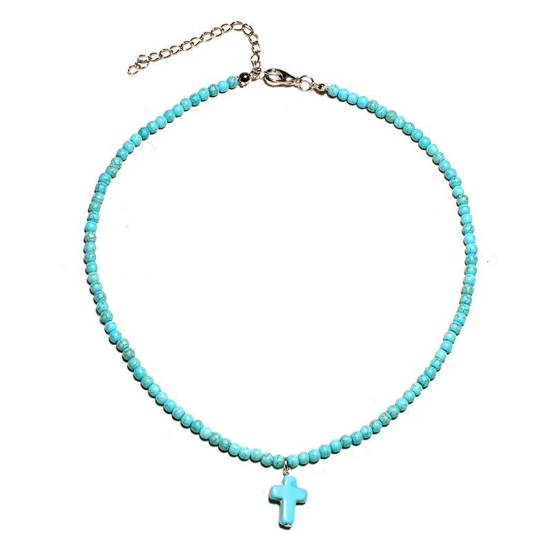 Collar Gargantilla Colgante Cruz Piedra Natural Mujer azul