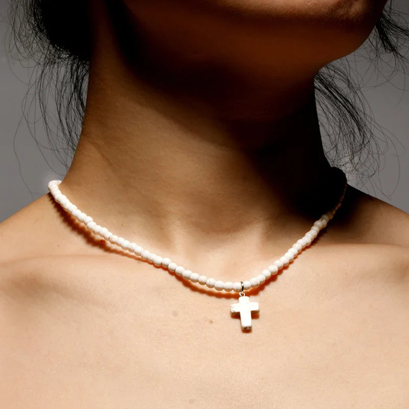 Collar Gargantilla Colgante Cruz Piedra Natural Mujer blanco