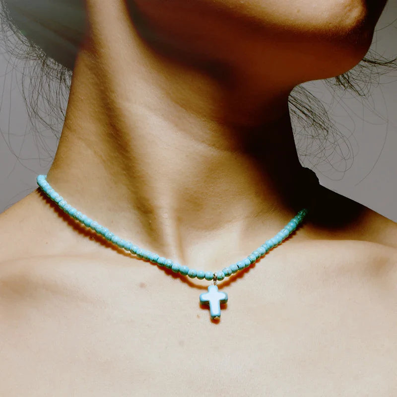 Collar Gargantilla Colgante Cruz Piedra Natural Mujer azul