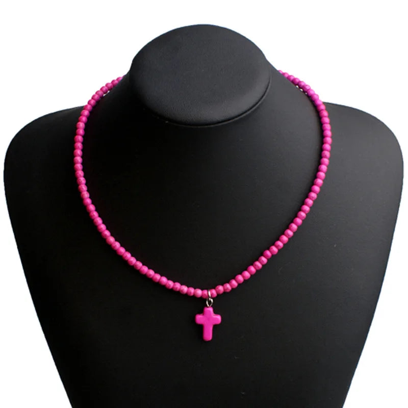 Collar Gargantilla Colgante Cruz Piedra Natural Mujer rosa