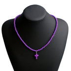 Collar Gargantilla Colgante Cruz Piedra Natural Mujer violeta