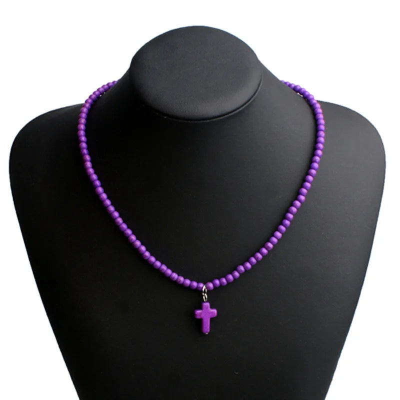 Collar Gargantilla Colgante Cruz Piedra Natural Mujer violeta